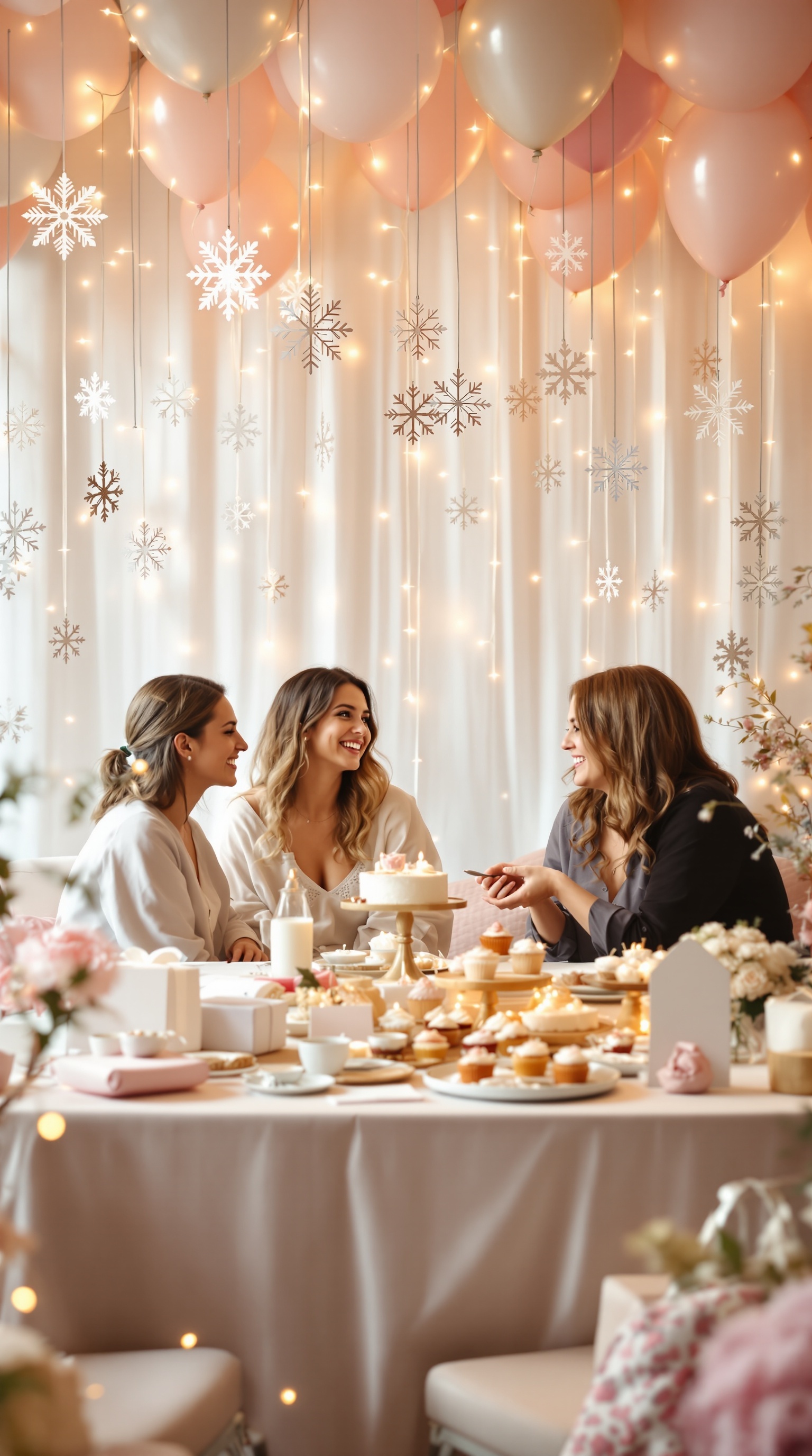 A winter baby shower scene with twinkling lights, snowflakes, and friends enjoying treats.