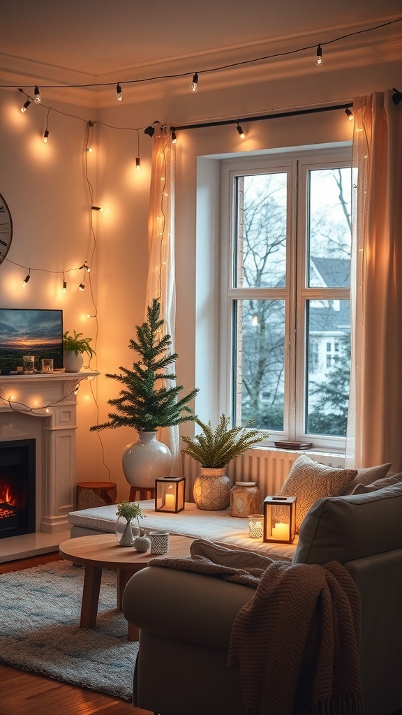 A cozy living room decorated with twinkling lights, plants, and warm decor.