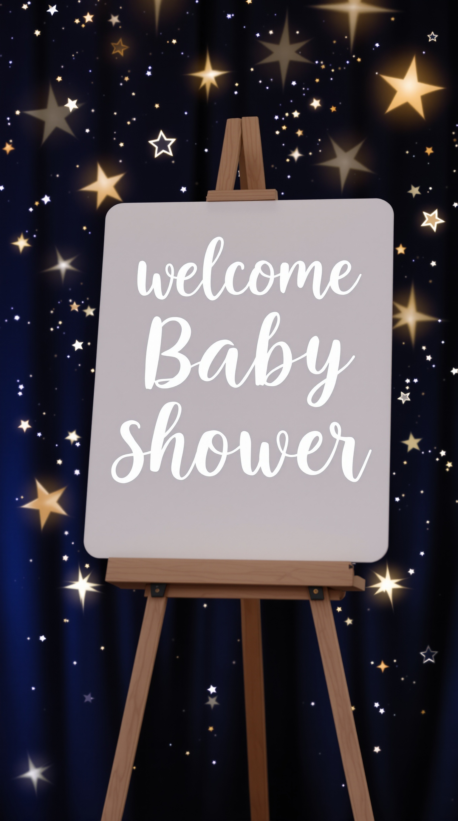 A baby shower welcome sign with a starry night theme, featuring pastel balloons and floral arrangements.