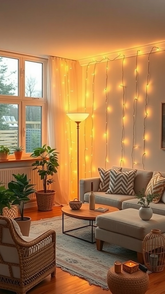 A cozy living room with twinkling string lights on the walls, plants, and comfortable furniture.