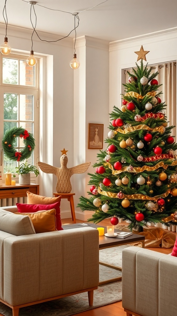 Cozy Christmas living room with a decorated tree, string lights, and festive ornaments.