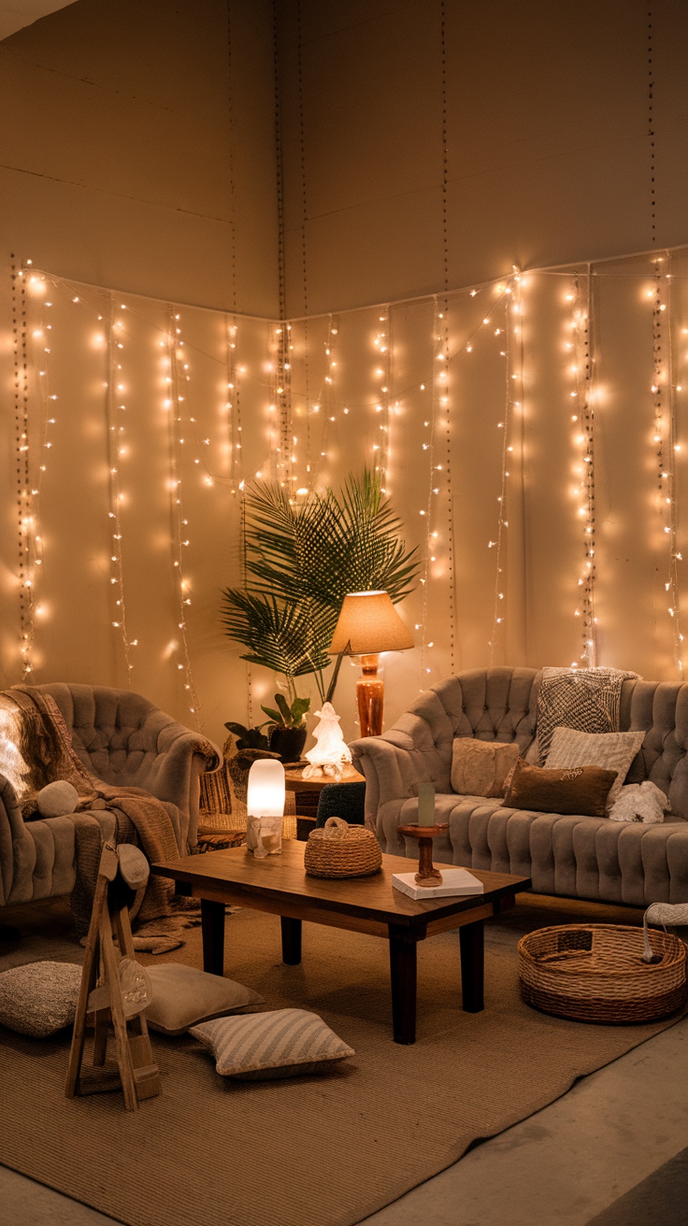 Cozy living room with twinkling string lights, plush seating, and warm decor.