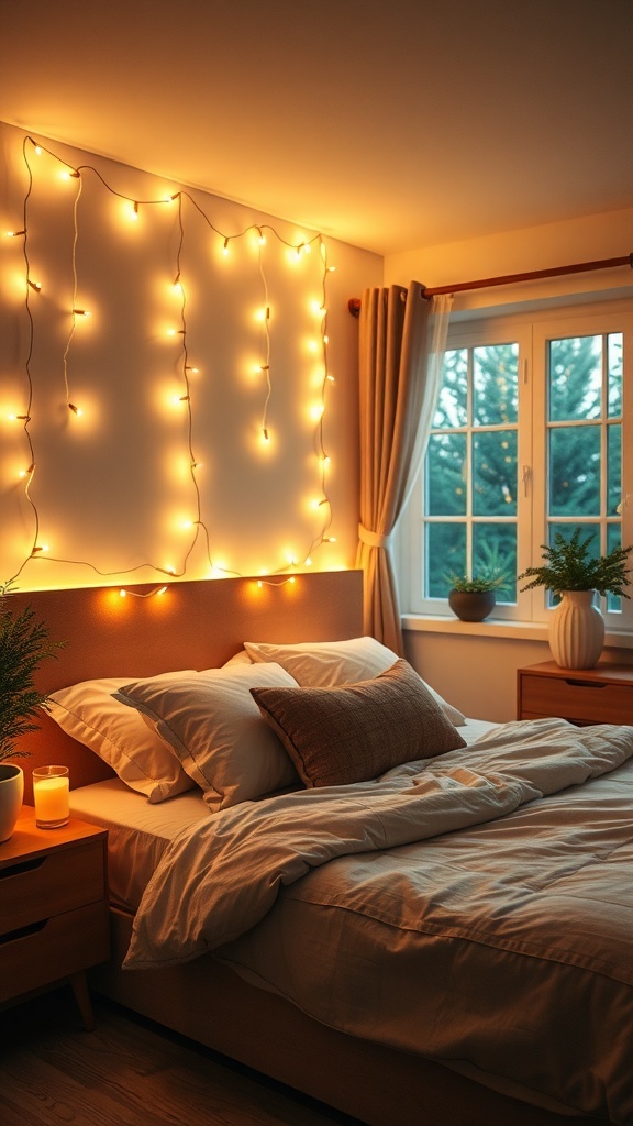 A cozy bedroom with twinkling string lights on the wall, warm bedding, and a window with curtains.