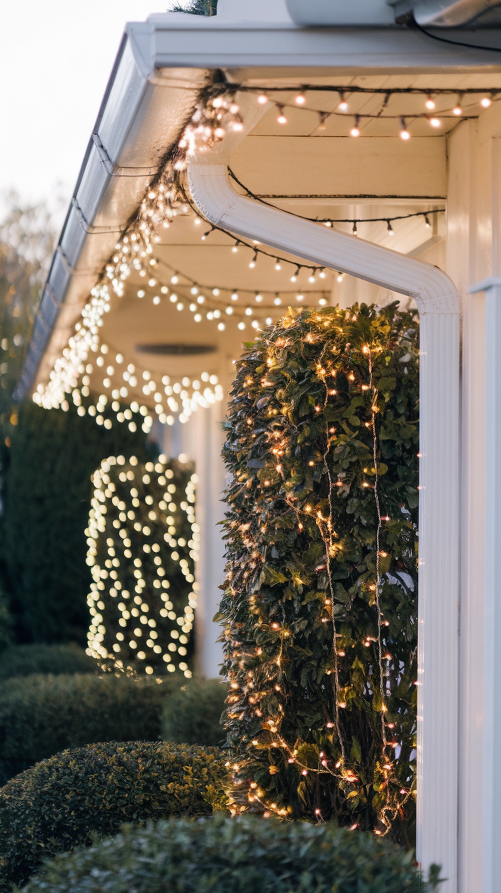 Outdoor Christmas decorations featuring twinkling string lights along the roof and bushes.