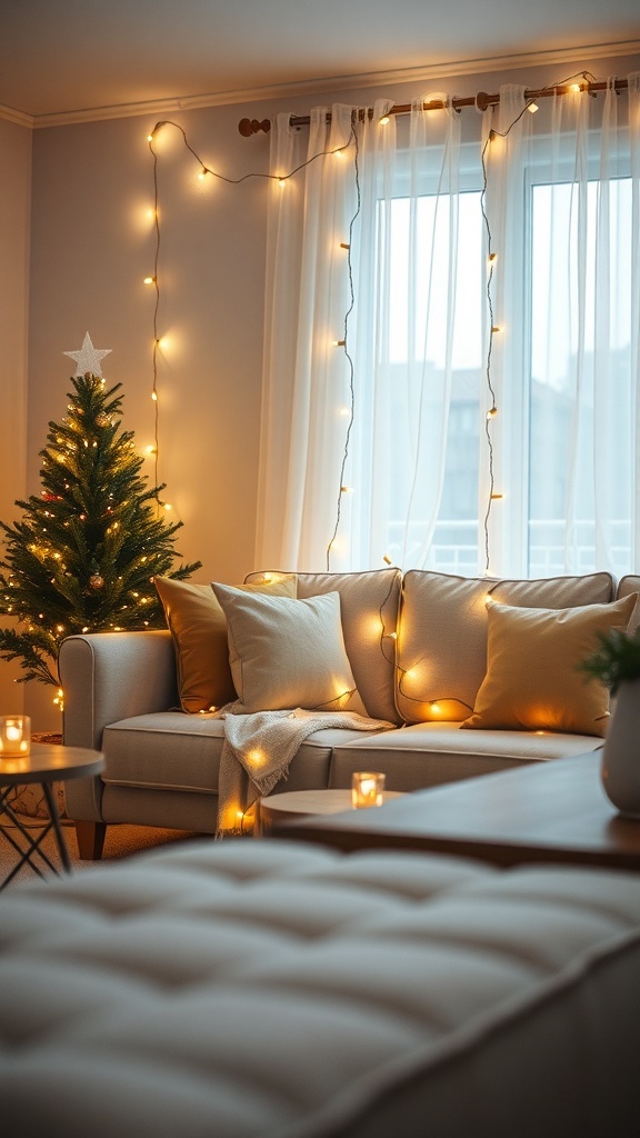 Cozy living room with twinkling string lights around a couch and a decorated Christmas tree
