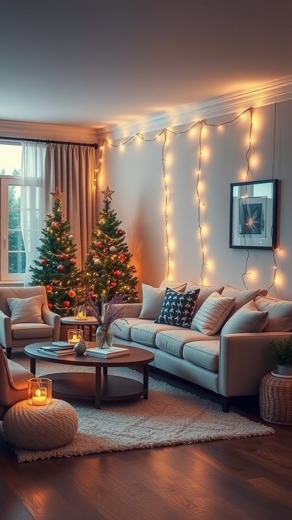 Cozy Christmas living room with twinkling string lights and decorated Christmas trees.