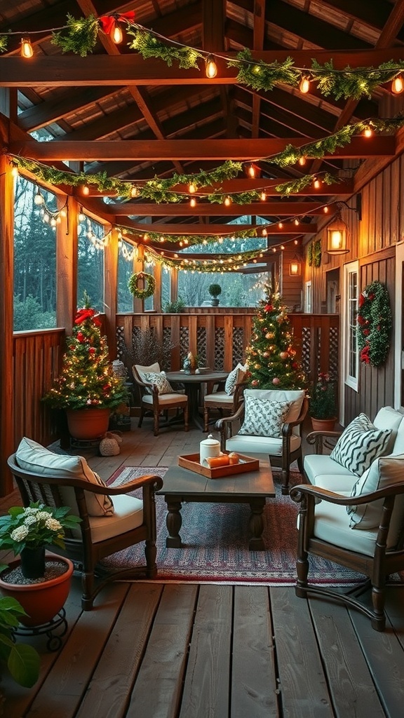 A rustic porch decorated for Christmas with twinkling string lights and greenery.
