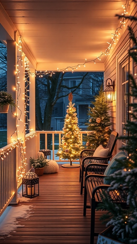 A winter porch decorated with twinkling string lights and small Christmas trees