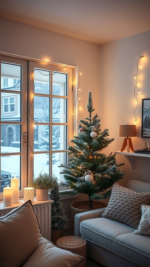 A cozy winter living room with a small decorated tree, twinkling string lights, and candles by the window.