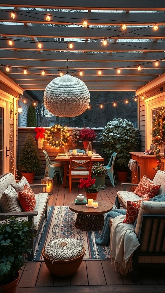 Cozy outdoor seating area with twinkling string lights, cushions, and candles.