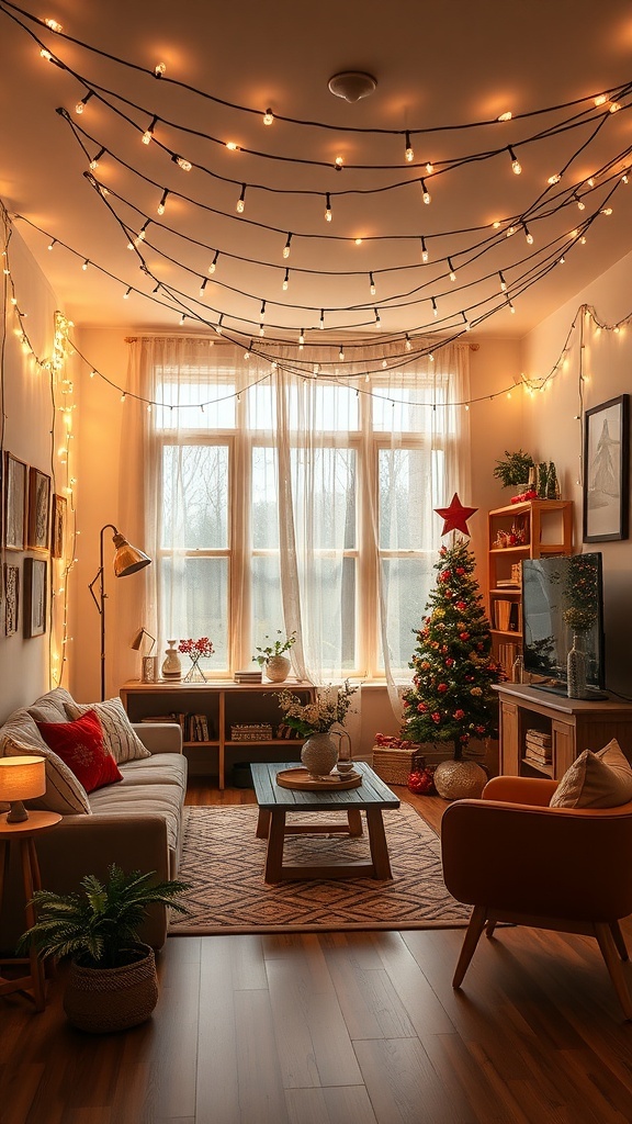 Cozy living room decorated with twinkling string lights and a small Christmas tree
