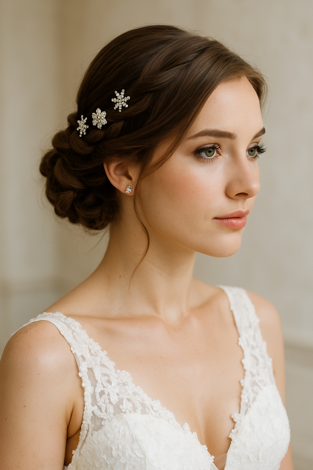 Bride with a twisted braid bun hairstyle adorned with hair accessories