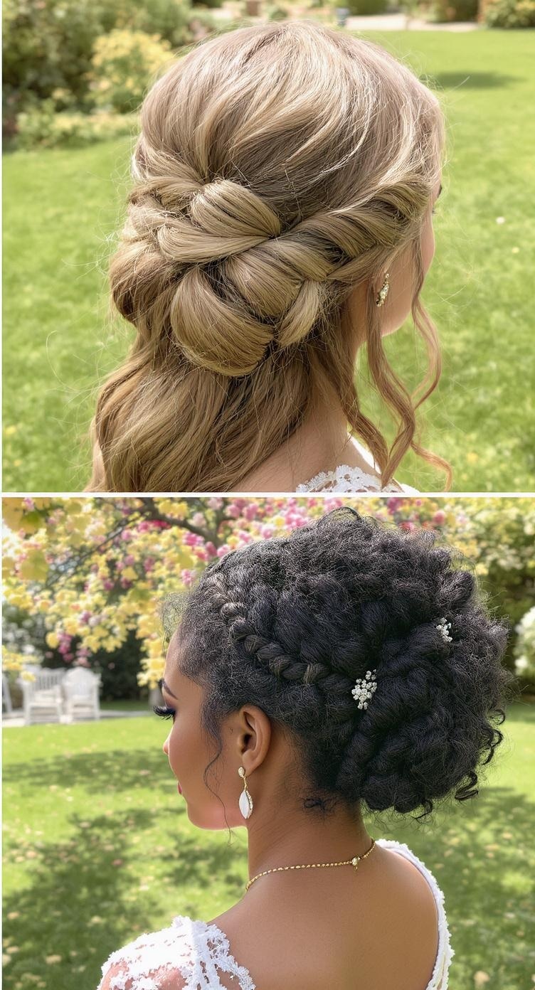 Two bridesmaid hairstyles featuring twisted braids and loose waves, one with blonde hair and the other with curly hair.