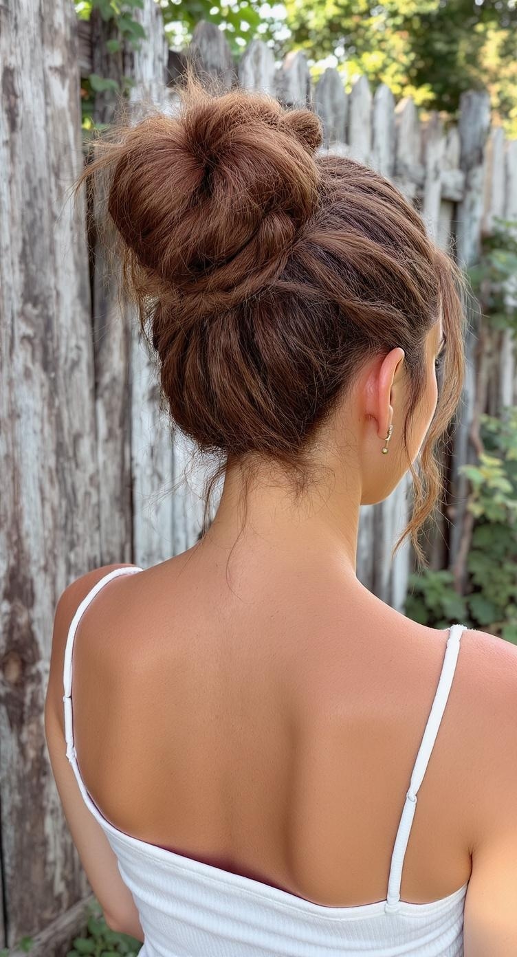 A woman with a twisted bun hairstyle and a side braid, showcasing a chic and elegant look.