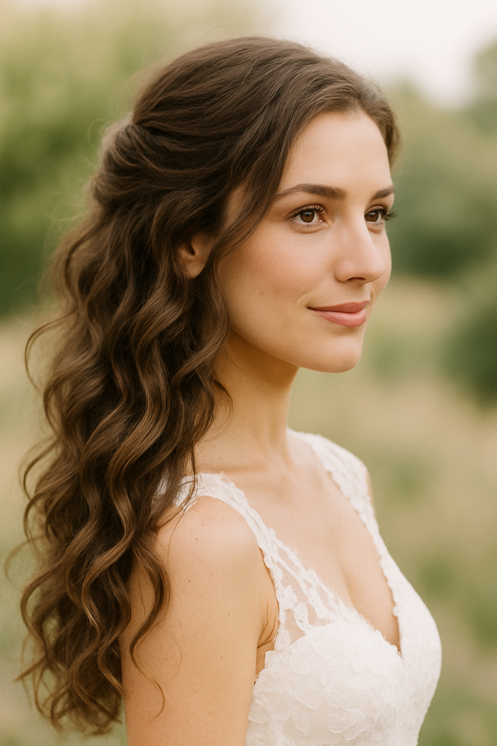 A young girl with a twisted chignon hairstyle adorned with flowers, showcasing a charming wedding look.