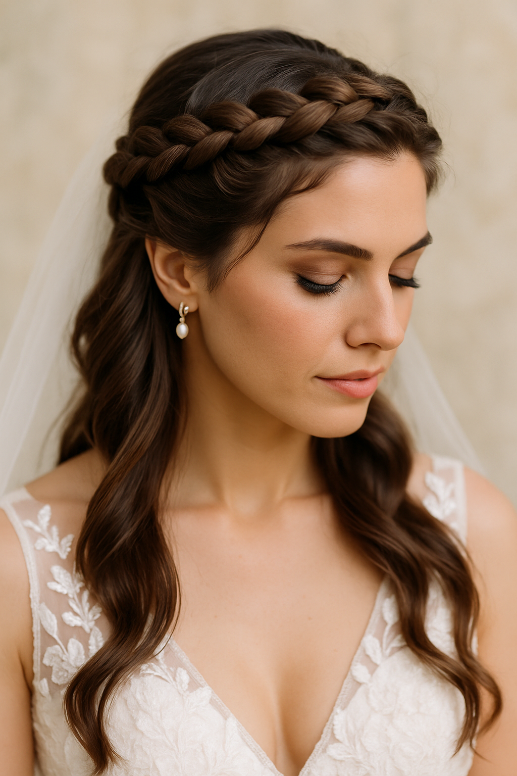 A bride with brunette hair styled in a twisted crown braid, featuring soft waves and elegant earrings.