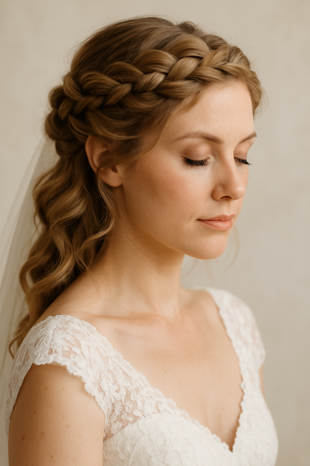 A bride with a twisted crown braid hairstyle, showcasing elegance and beauty.