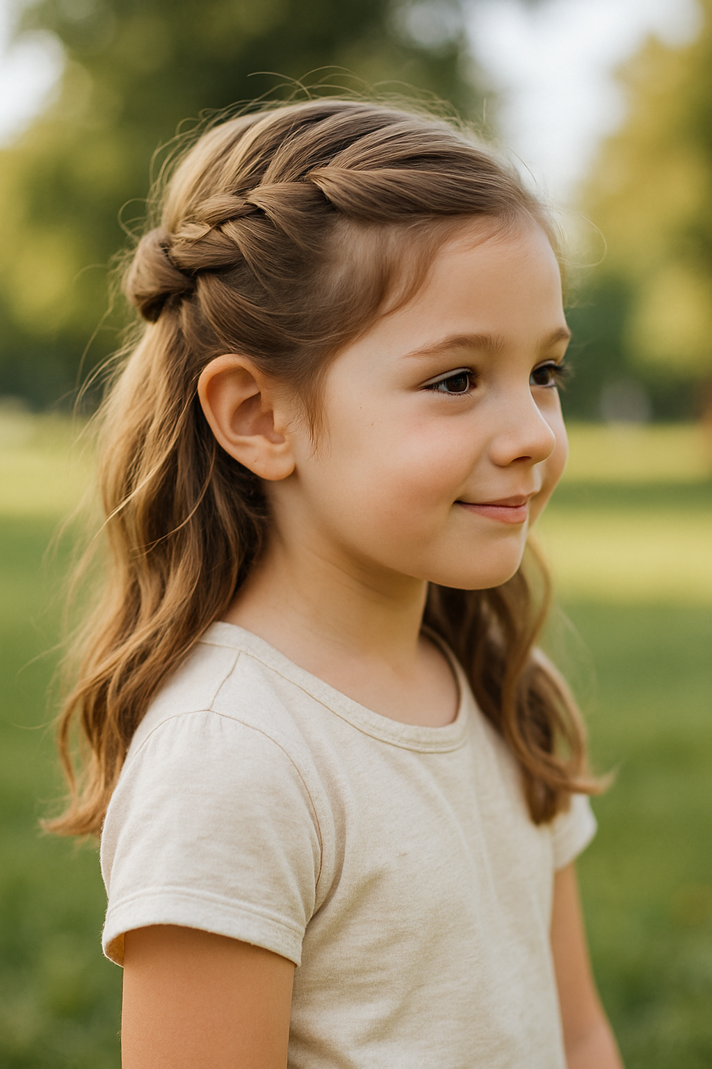 A girl with a twisted half-up hairstyle, smiling outdoors.