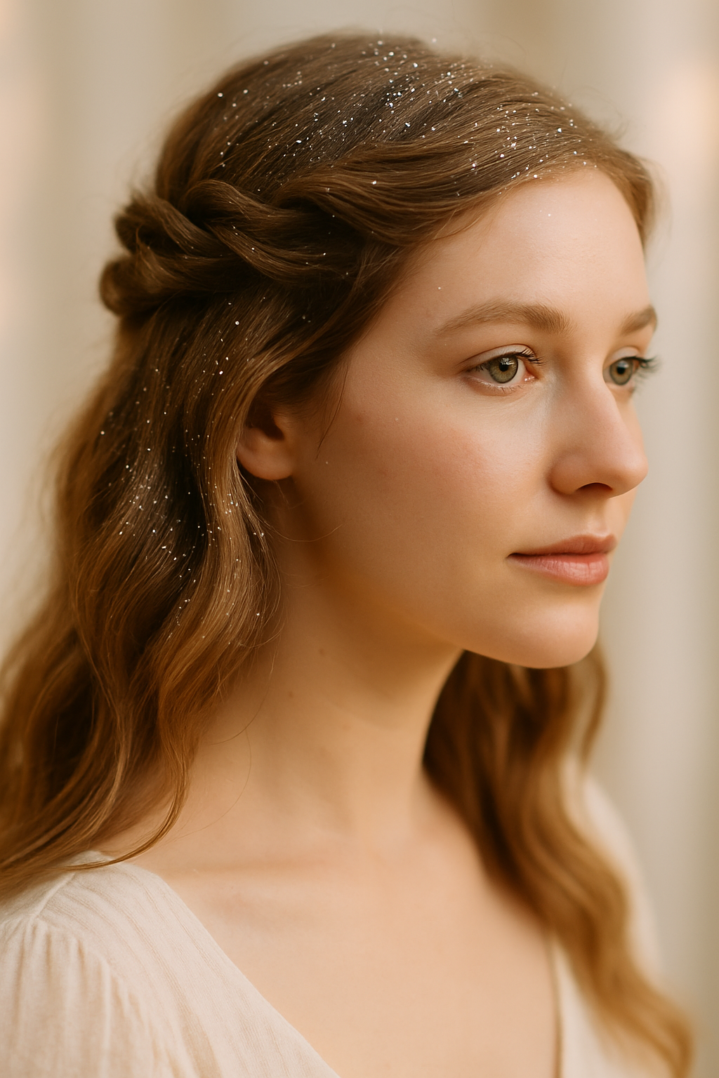 A woman with a twisted half-up hairstyle adorned with glitter, showcasing soft waves and an elegant look.