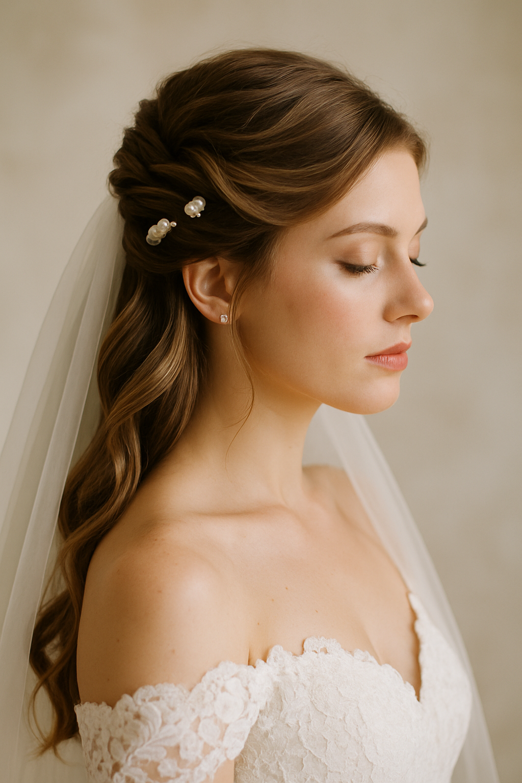 A bride with a twisted half-up hairstyle adorned with pearl clips, showcasing soft waves and a romantic look.