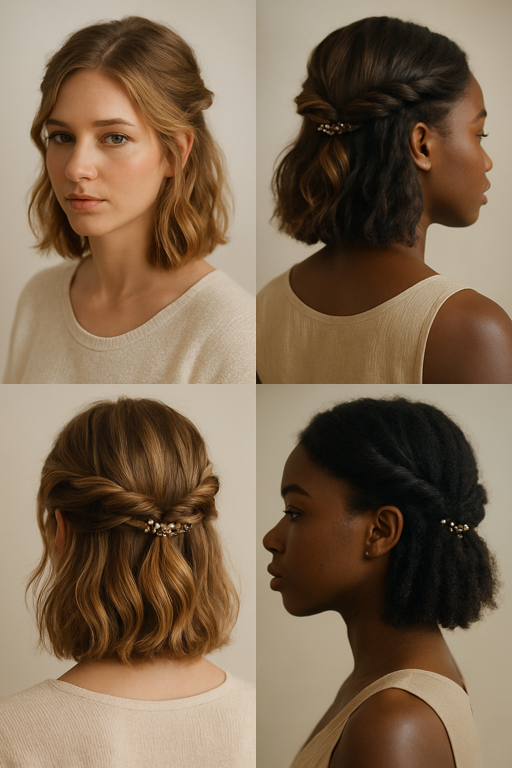 Two variations of twisted half-updo hairstyles for short hair, featuring soft waves and textured curls.