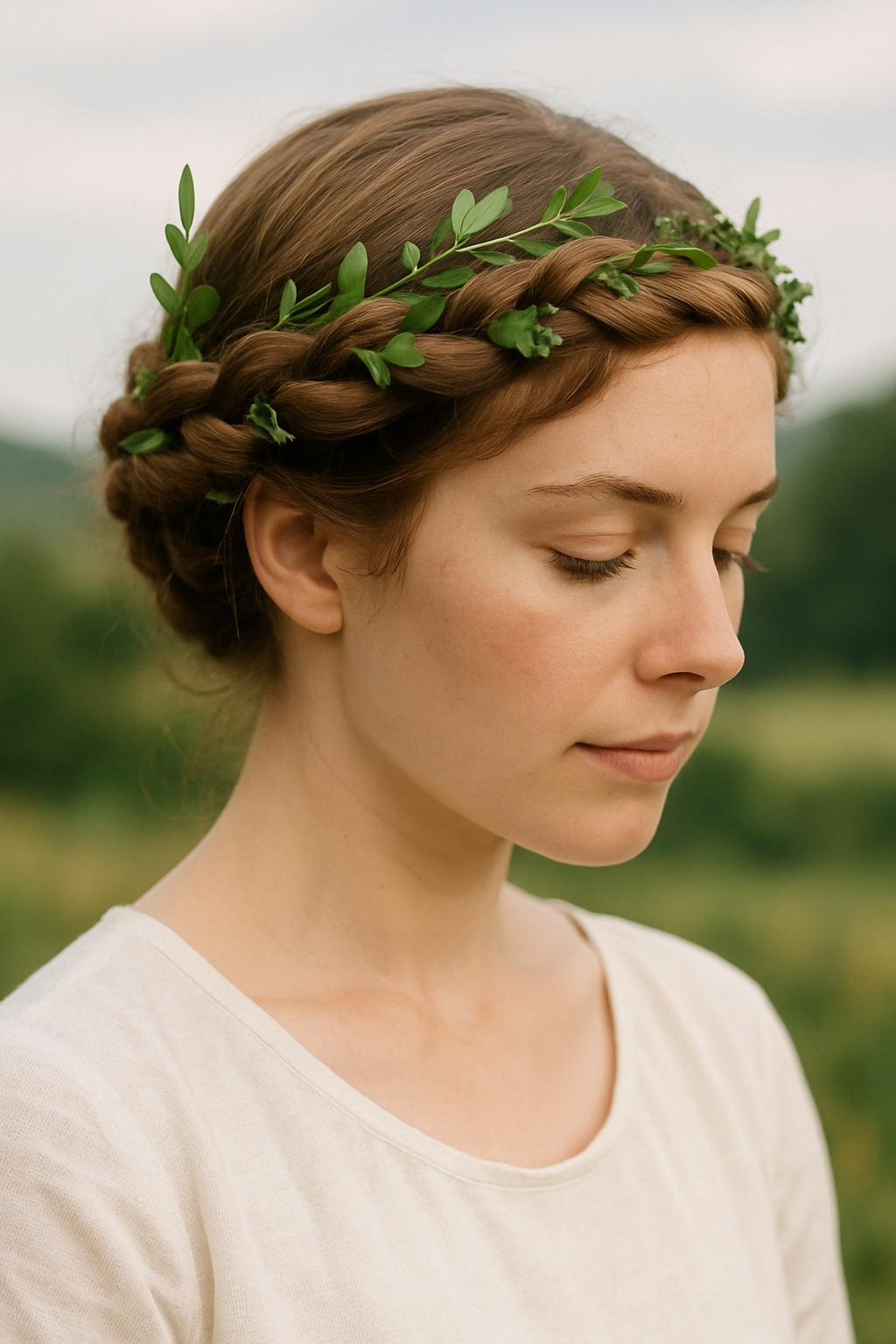 A woman with a twisted halo braid hairstyle adorned with greenery.