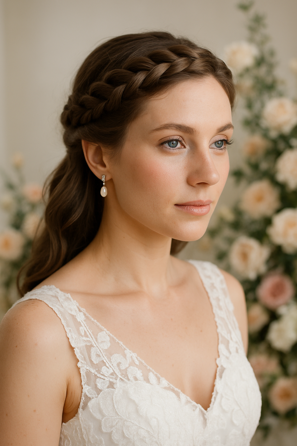 Bride with a twisted halo braid hairstyle, wearing a lace wedding dress and pearl earrings, surrounded by floral decor.