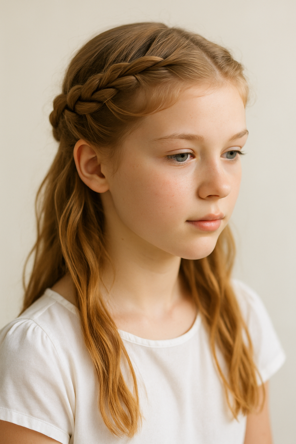 A young girl with a twisted halo braid hairstyle, showcasing a beautiful and elegant look.