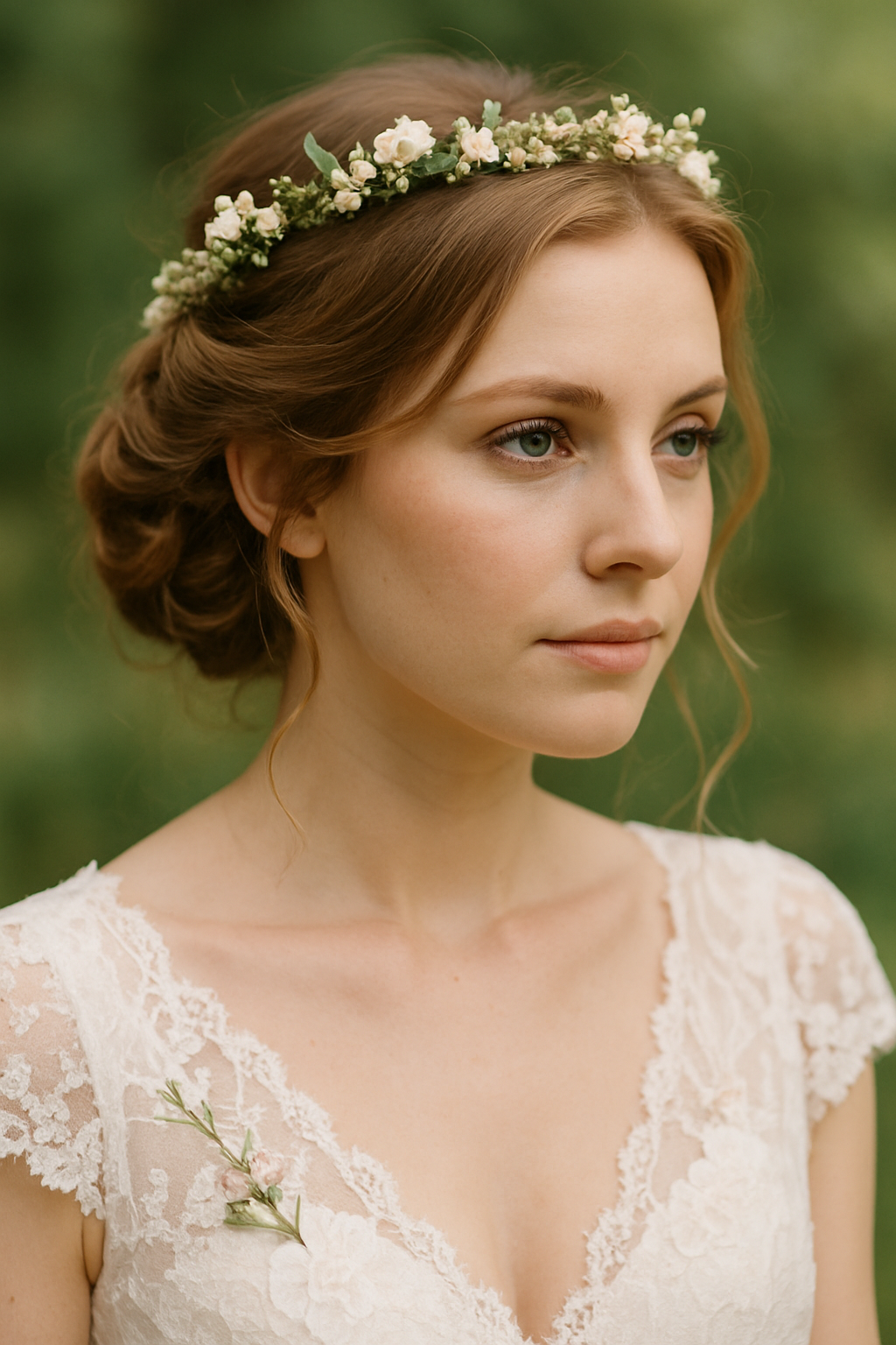 A bride with a twisted low bun hairstyle adorned with a floral crown, showcasing a soft and romantic look.