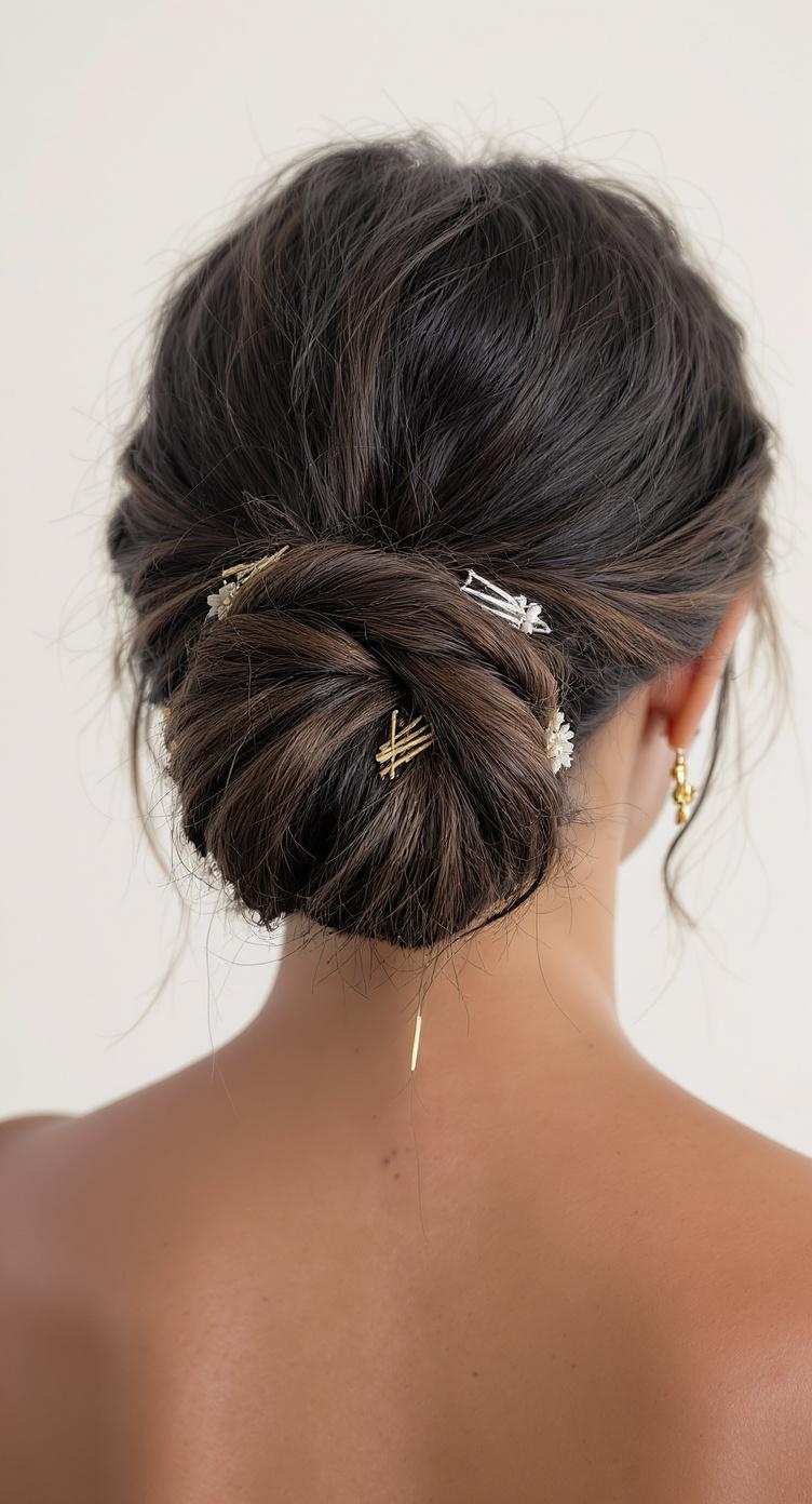 A twisted low bun hairstyle with natural texture, adorned with decorative hairpins.