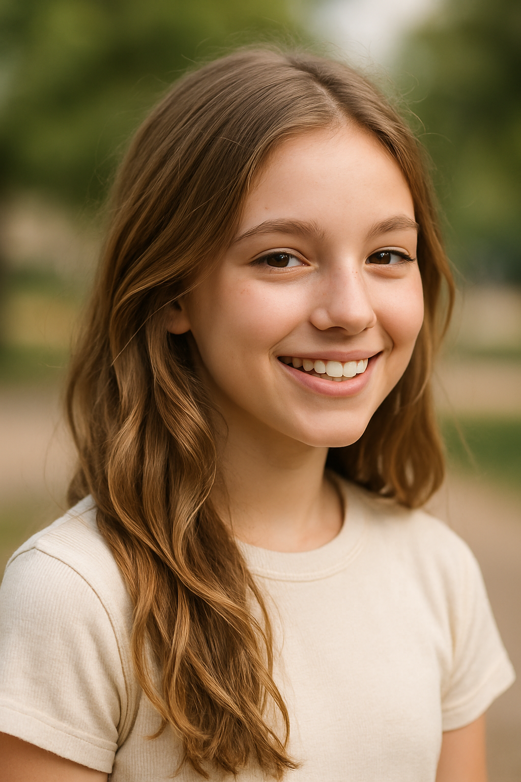A girl smiling with a twisted ponytail adorned with colorful beads.