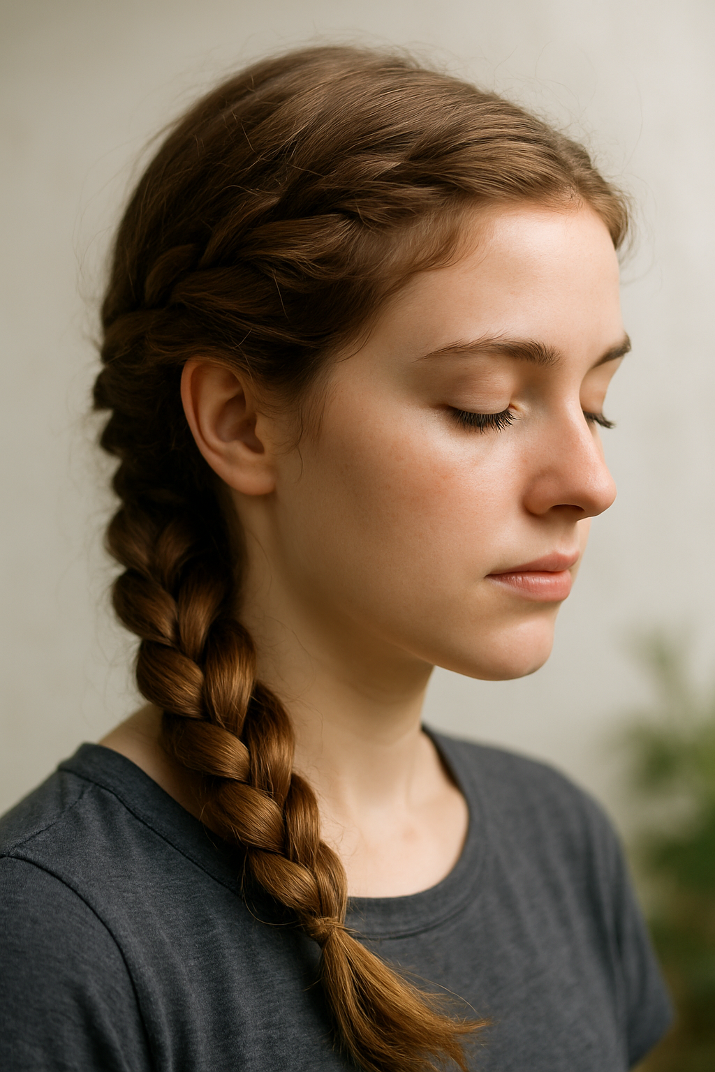 A girl with a twisted ponytail hairstyle, featuring a neat braid and a relaxed expression.