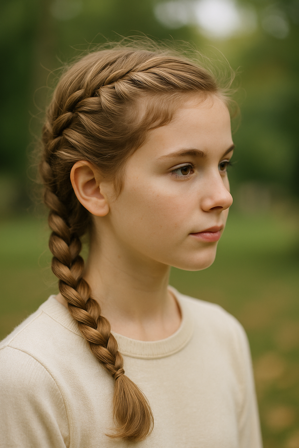 A girl with a twisted ponytail hairstyle, showcasing a neat and playful look.