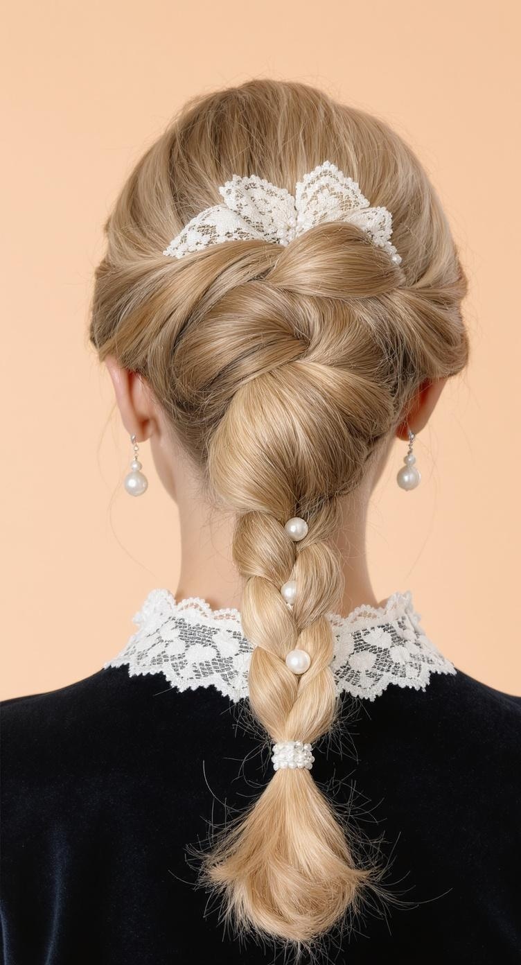 A twisted ponytail hairstyle with lace and pearl accents, showcasing vintage elegance.