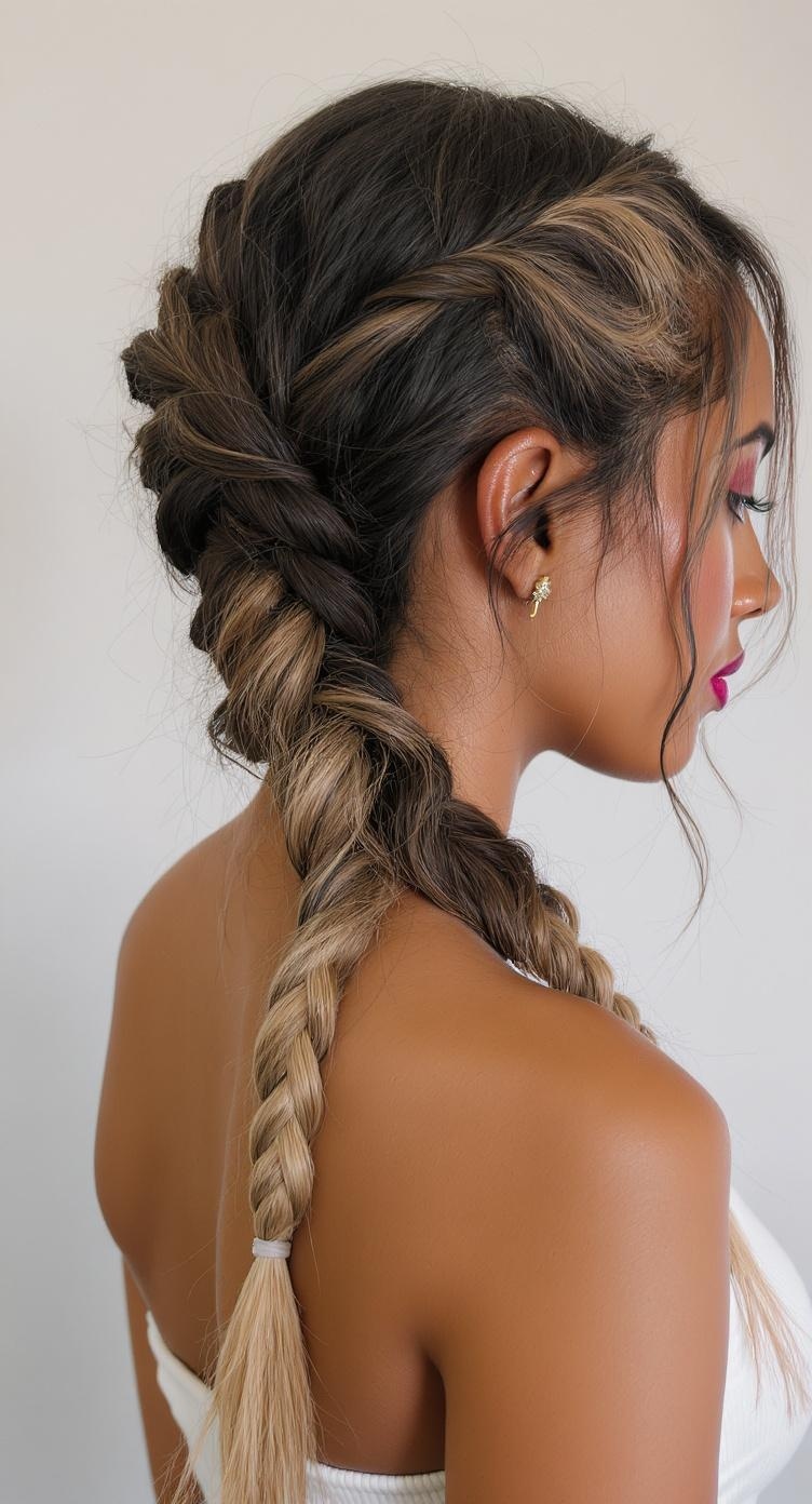 A side view of a woman with long hair styled in a twisted side braid, showcasing a blend of dark and light hair colors.
