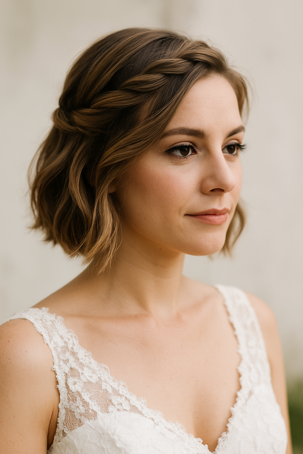 A woman with short hair styled in a twisted side braid, wearing a wedding dress.
