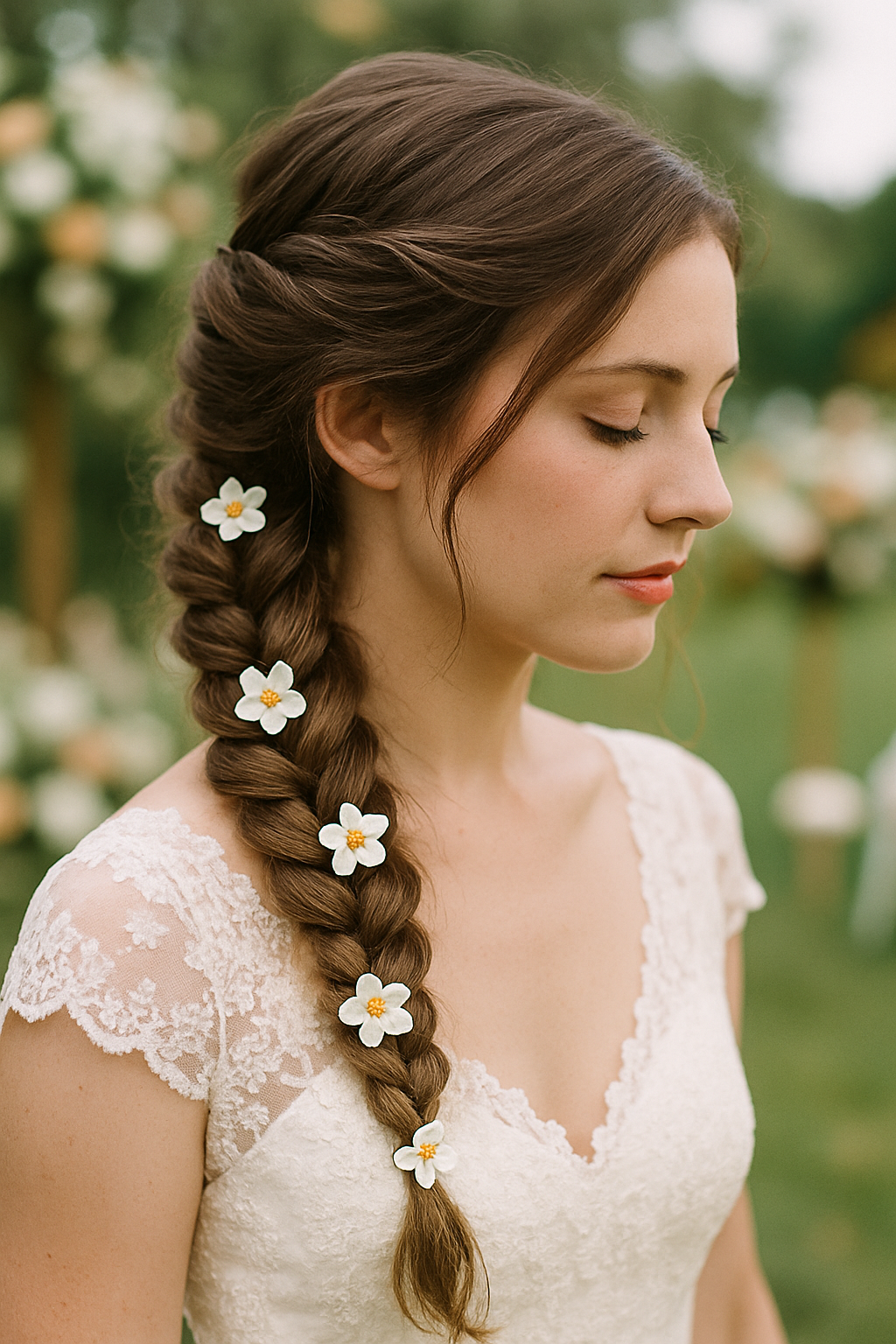 A bride with a twisted side braid decorated with flowers, wearing a lace wedding dress.