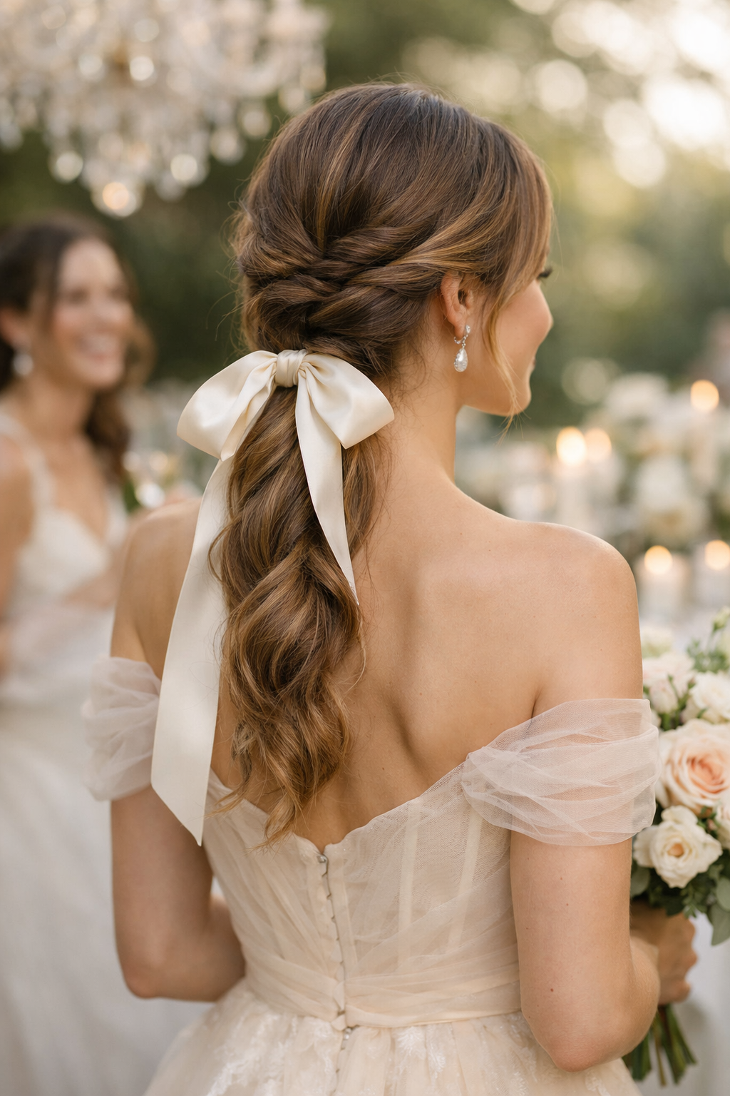 A model with a twisted side ponytail adorned with a satin ribbon, dressed in a soft-colored wedding gown.