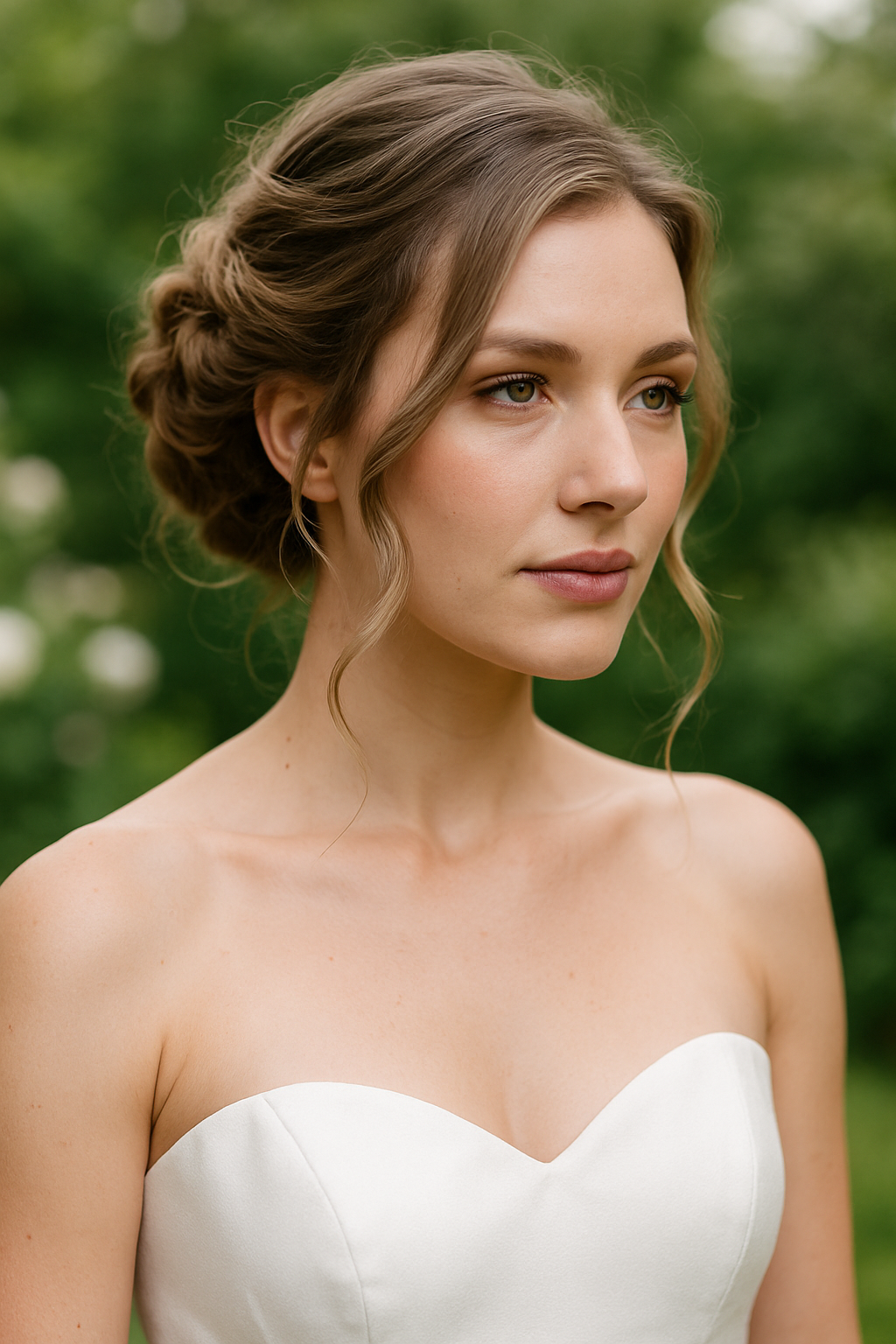 Bride with a twisted updo hairstyle wearing a strapless wedding dress