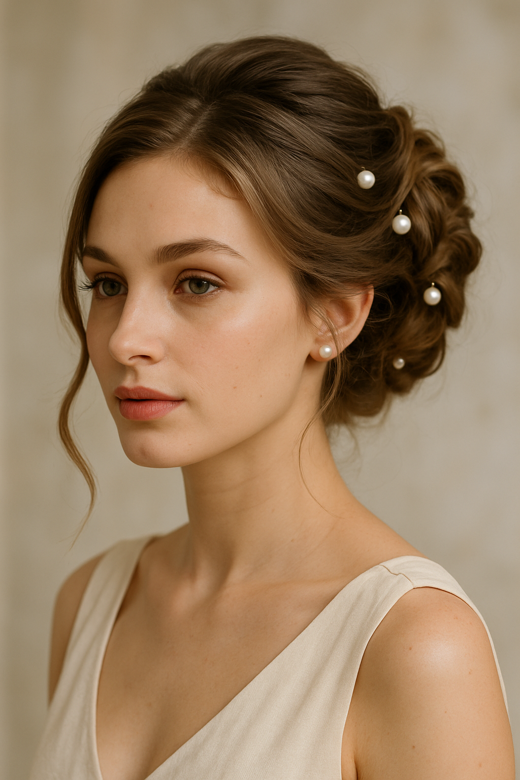 A woman with a twisted updo hairstyle adorned with pearl accents, showcasing a graceful and elegant look.