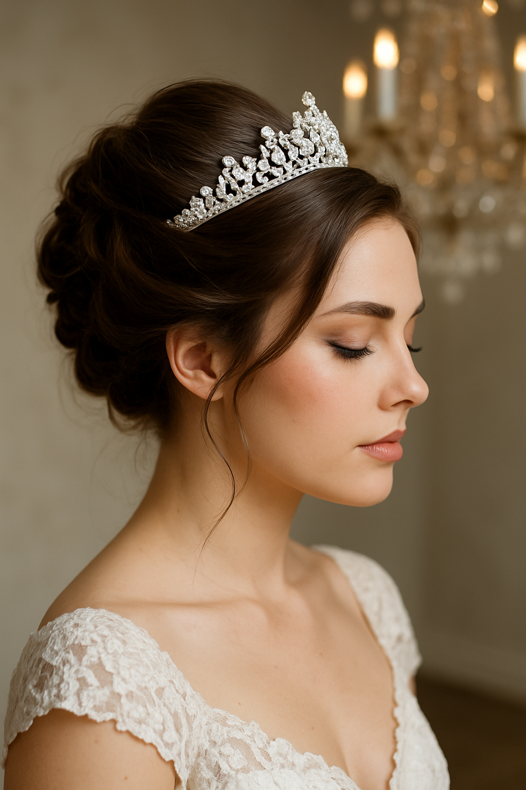 A bride with a twisted updo hairstyle adorned with a rhinestone tiara, showcasing elegance and beauty.