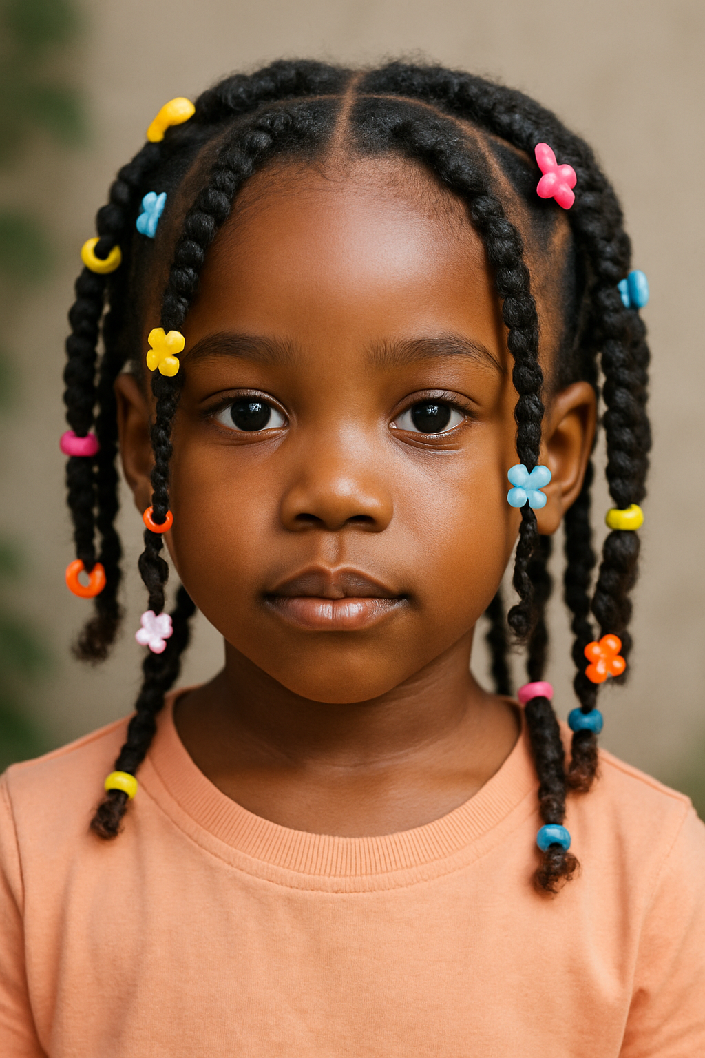 A young girl with twists in her hair, adorned with colorful beads.