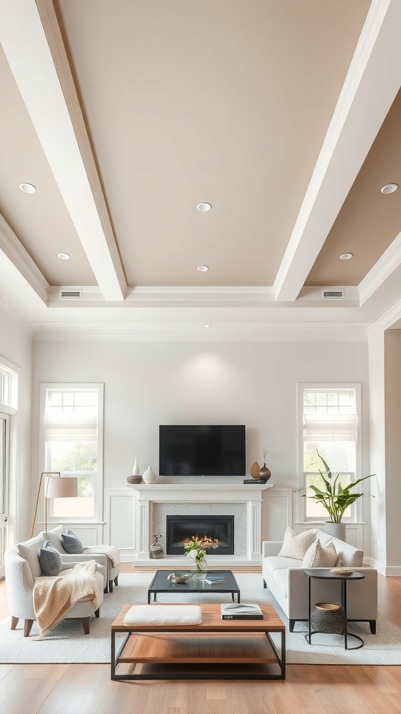 Elegant living room featuring a two-tone tray ceiling in beige and white