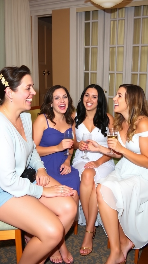 A group of four women laughing and enjoying drinks at a bridal shower.