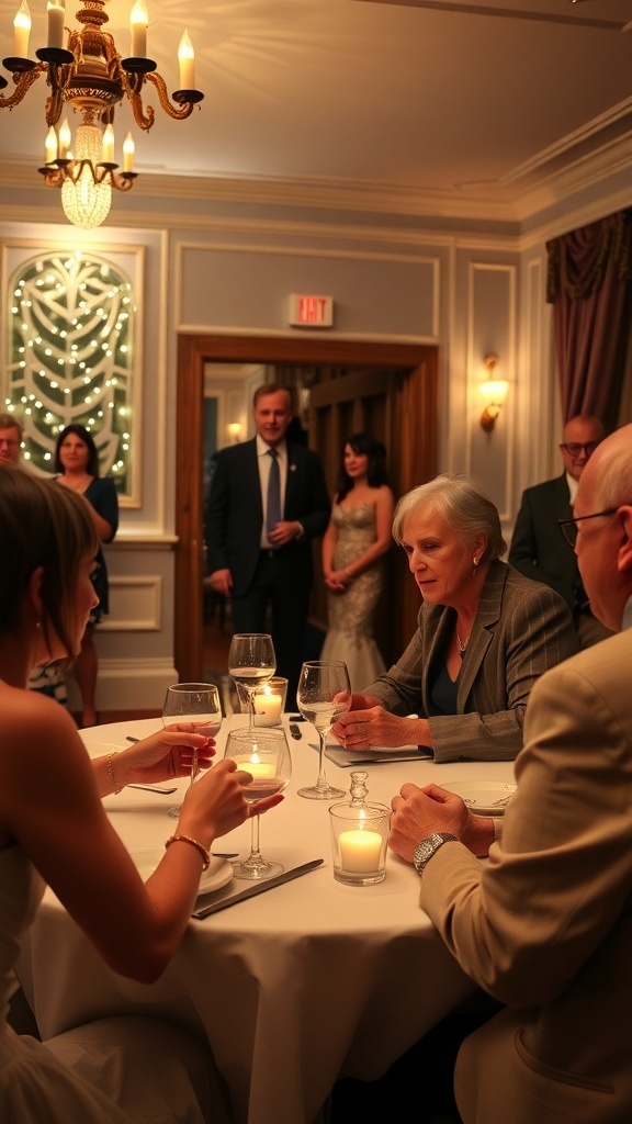 A group of wedding reception guests engaged in the game, Two Truths and a Lie, at a beautifully decorated table.