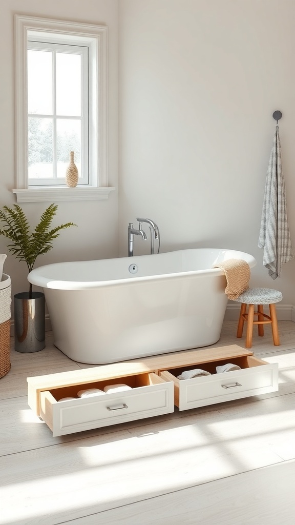 A modern bathroom with a freestanding bathtub and under-bath storage drawers.