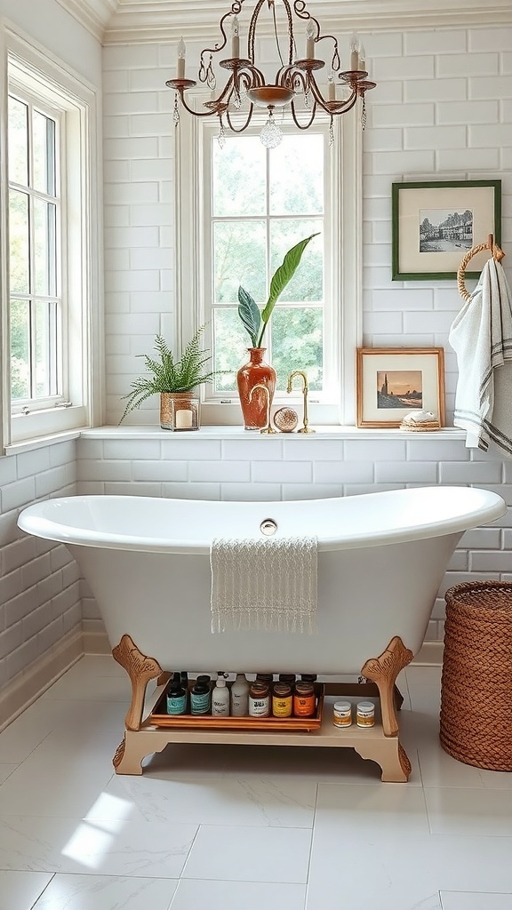 A stylish bathroom featuring a bathtub with under-bath storage, showcasing organized bath products.