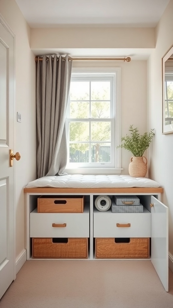 Cozy storage bench with drawers under a window