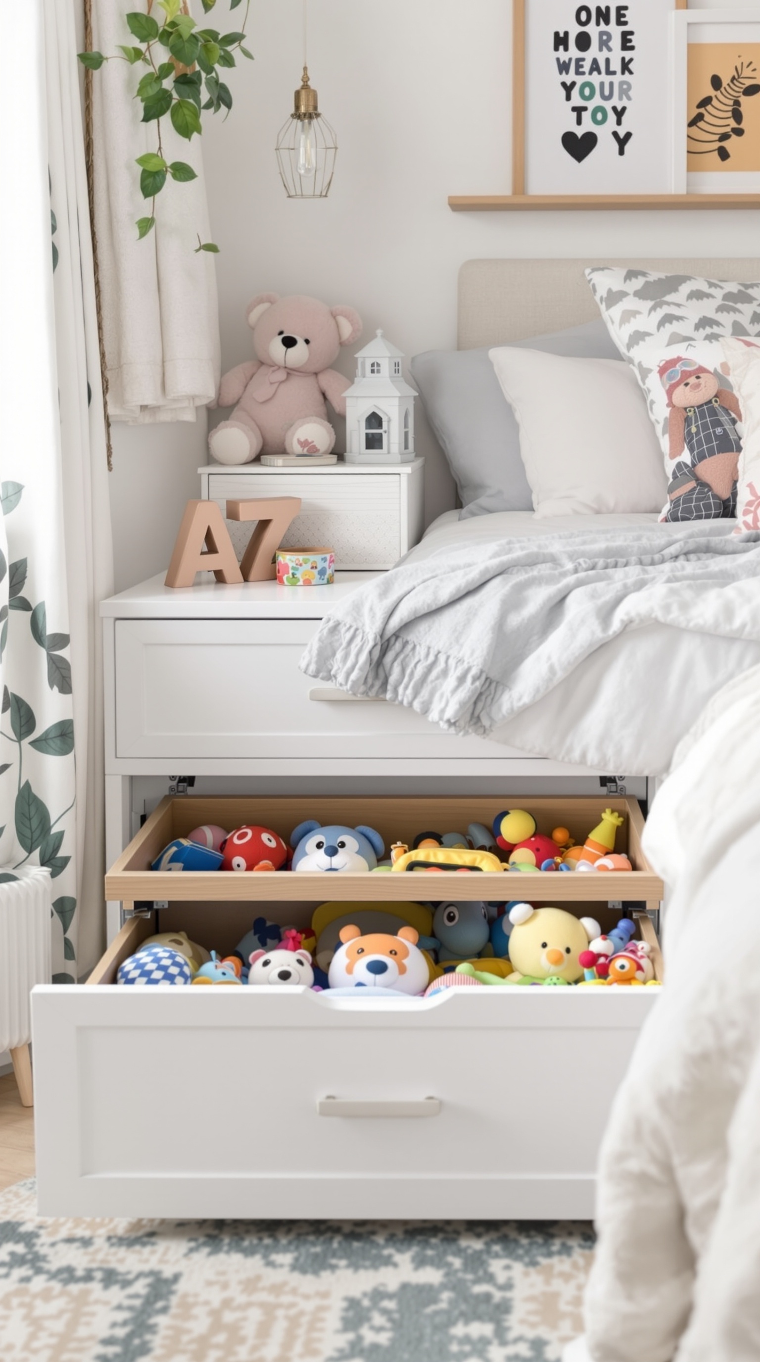 A cozy toy room with a bed and a drawer filled with colorful plush toys under the bed.