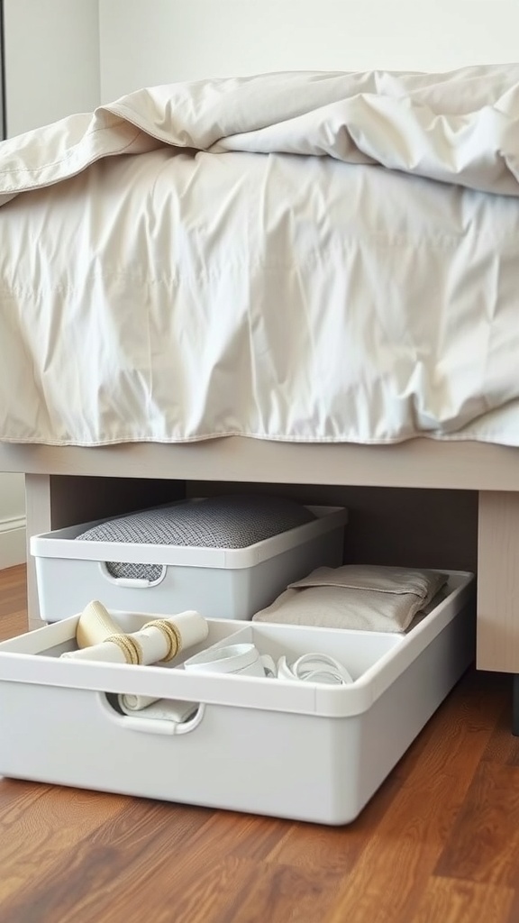 Organized under-bed storage with bins holding linens and accessories
